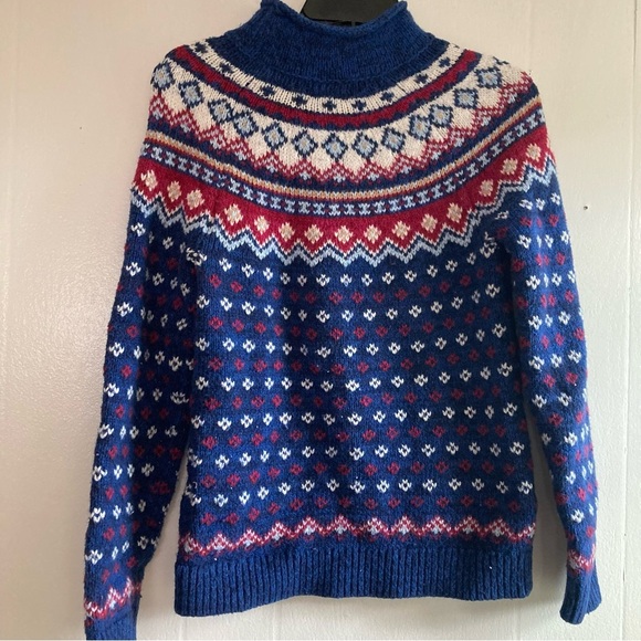 LANDS' END Fair Isle Sweater Nordic Winter Ski Blue Cotton Blend Mo… - Picture 4 of 11